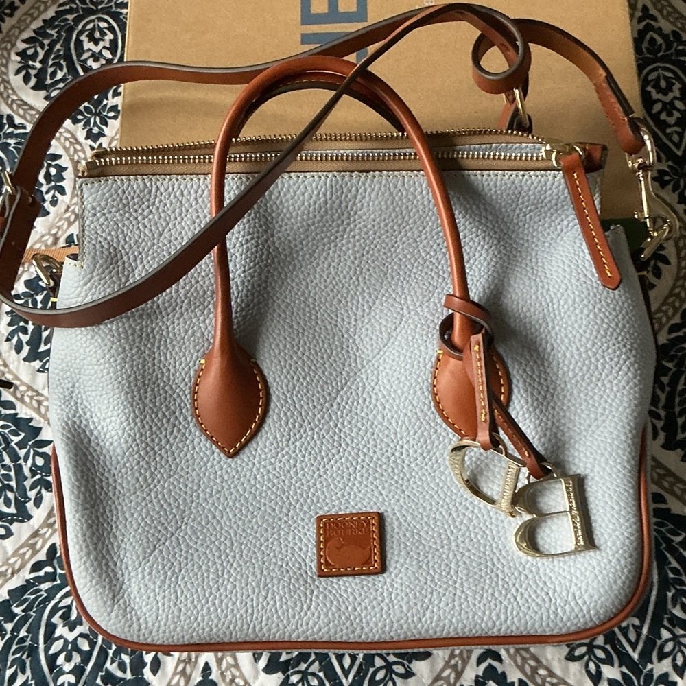 Dooney & Bourke Pebble Leather Satchel in Light Gray with Tan Trim